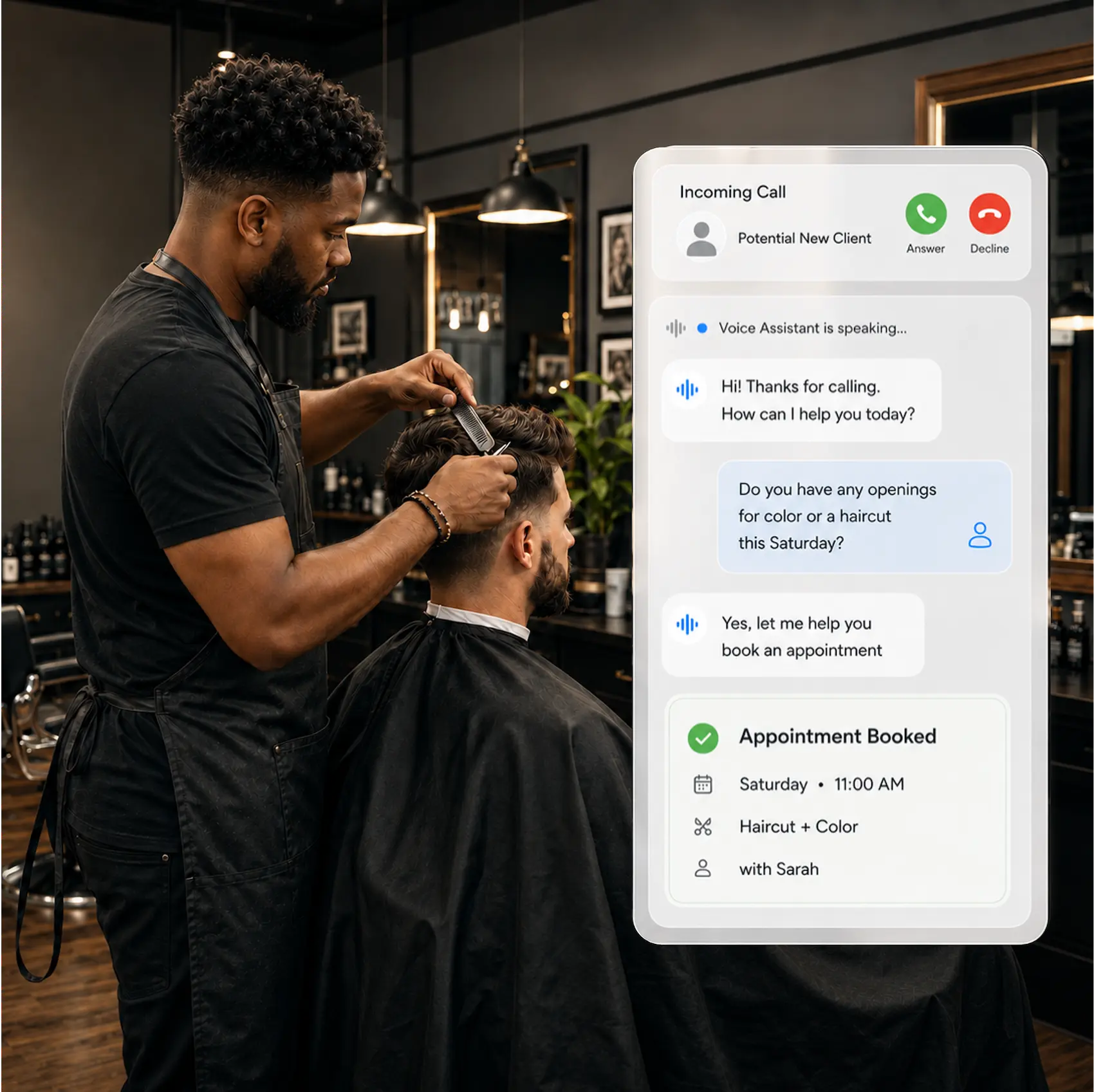 Illustration of a barber working while FullCap answers a call and books an appointment